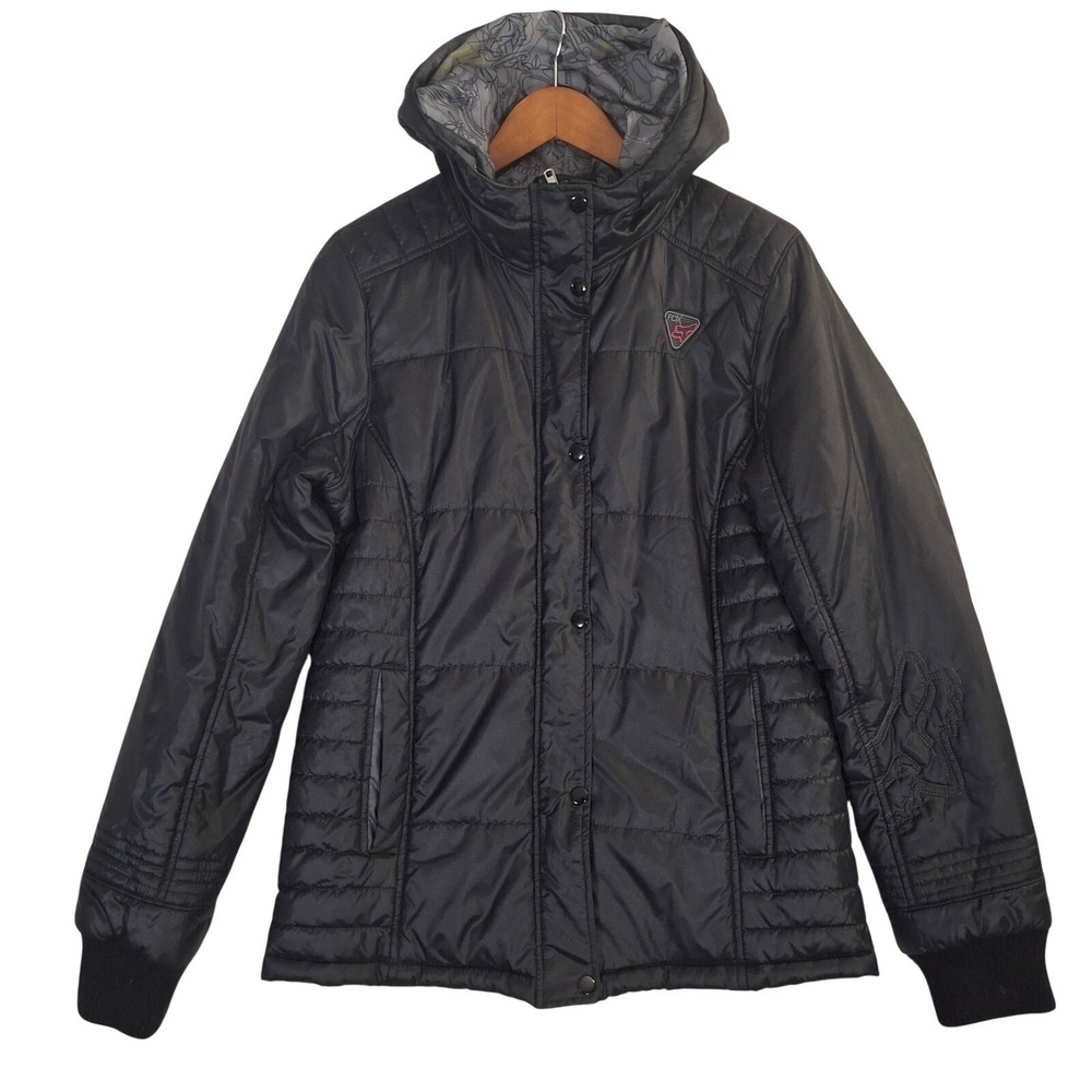 Fox Racing Womens Black Puffer Jacket Hooded Quilted Graphic Lining Logo Coat